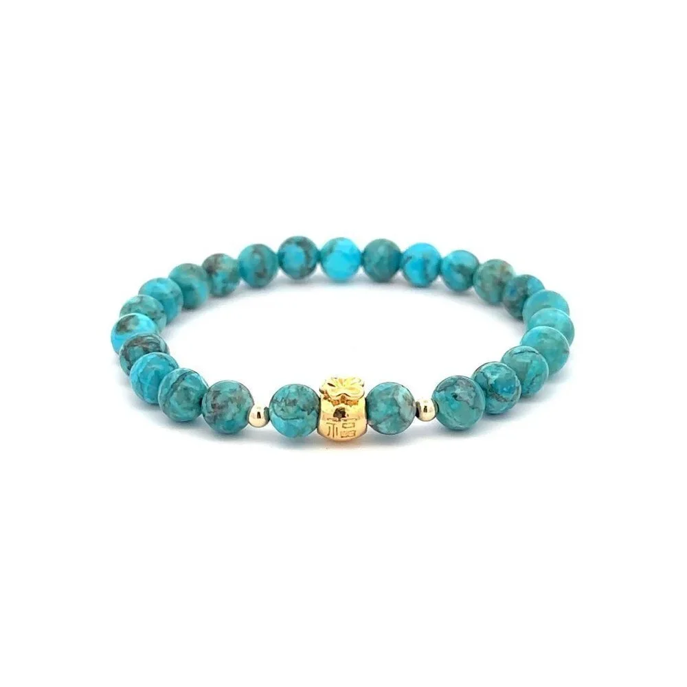 18K Gold Money Bag Lucky Charm Beads Bracelet Gemstones Turquoise 6mm - Picture 1 of 5